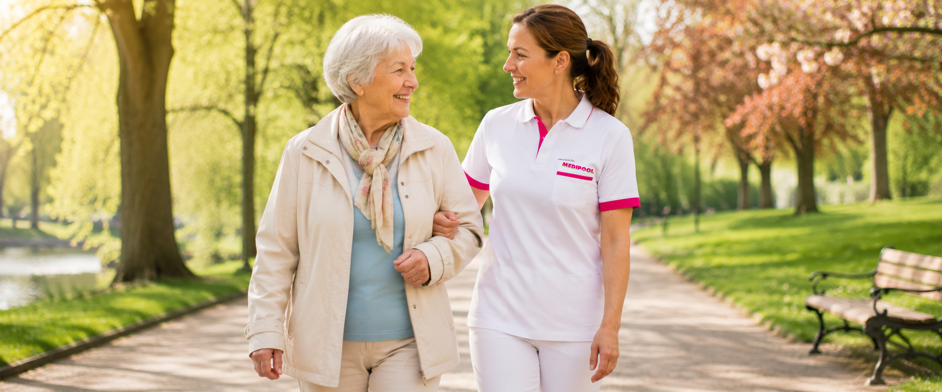 Pflegekraft und Seniorin beim Spaziergang im Park
